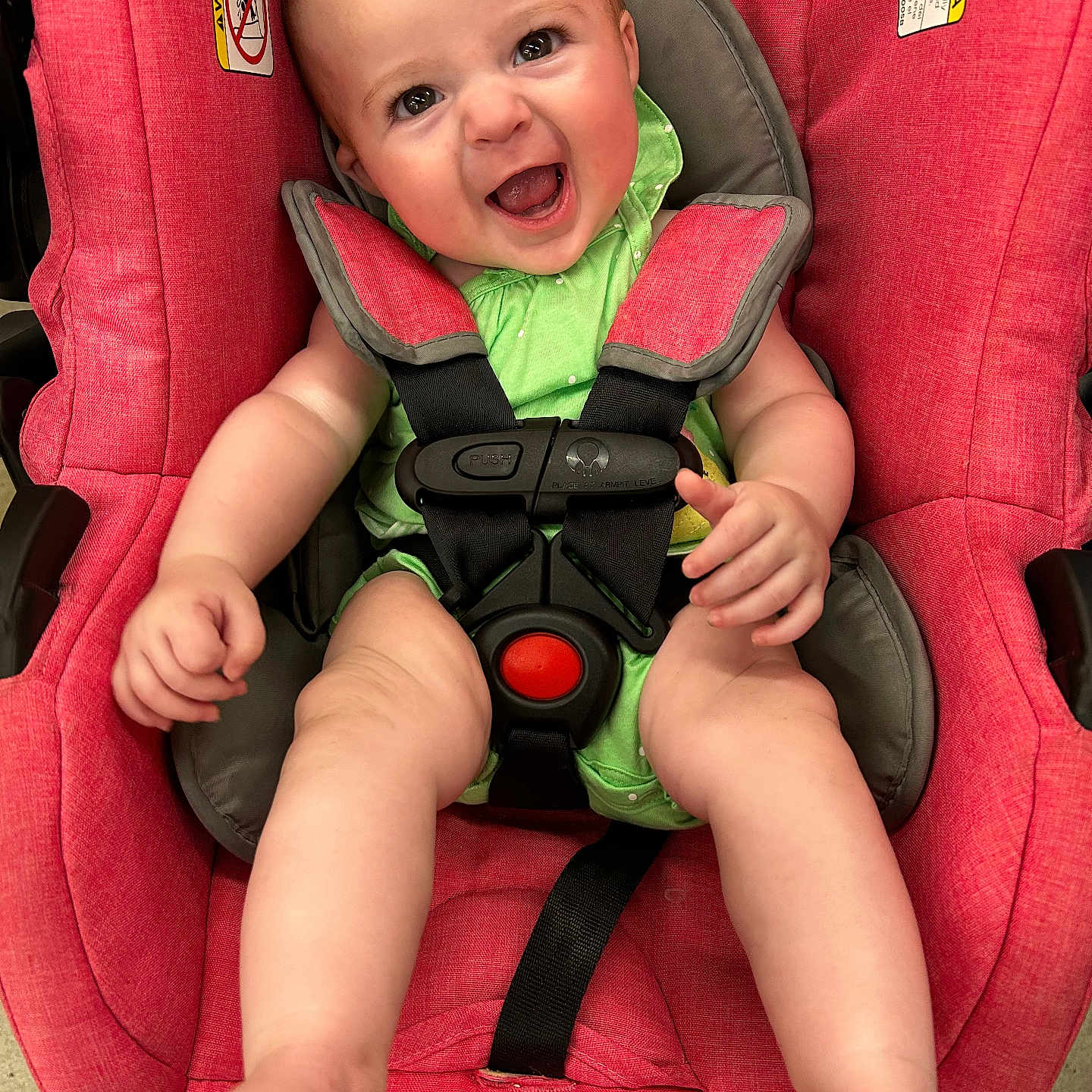 Chloe joined the competition — help win amazing prizes! baby, babylaughing, bodypart, car, car_interior, carseat, chair, cushion, face, finger, furniture, hand, happy, head, homedecor, person, photography, portrait, transportation, vehicle