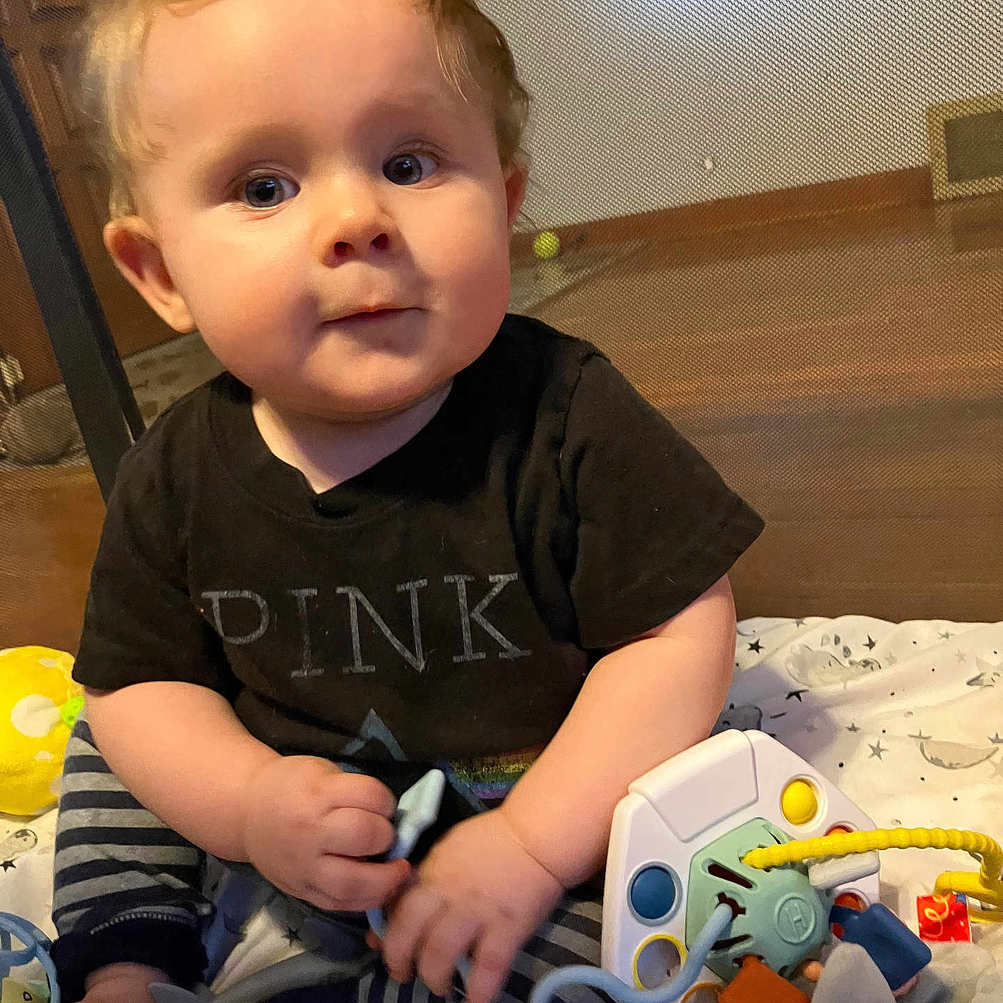 Kolston is registered to the contest to win money with this photo: baby, black_shirt, blanket, child, colorful, curious, curly_hair, cute, expression, feet, floor, hands, indoor, infant, person, playing, sitting, striped_pants, toy, young