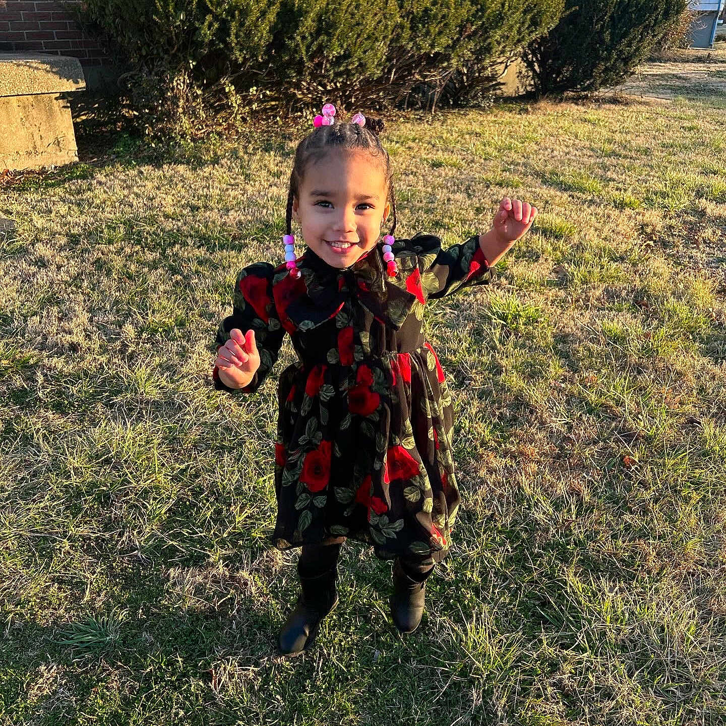Aniyah is registered to the contest to win money with this photo: backyard, child, clothing, coat, costume, dress, face, female, girl, grass, head, nature, outdoors, park, person, photography, plant, portrait, vegetation, yard