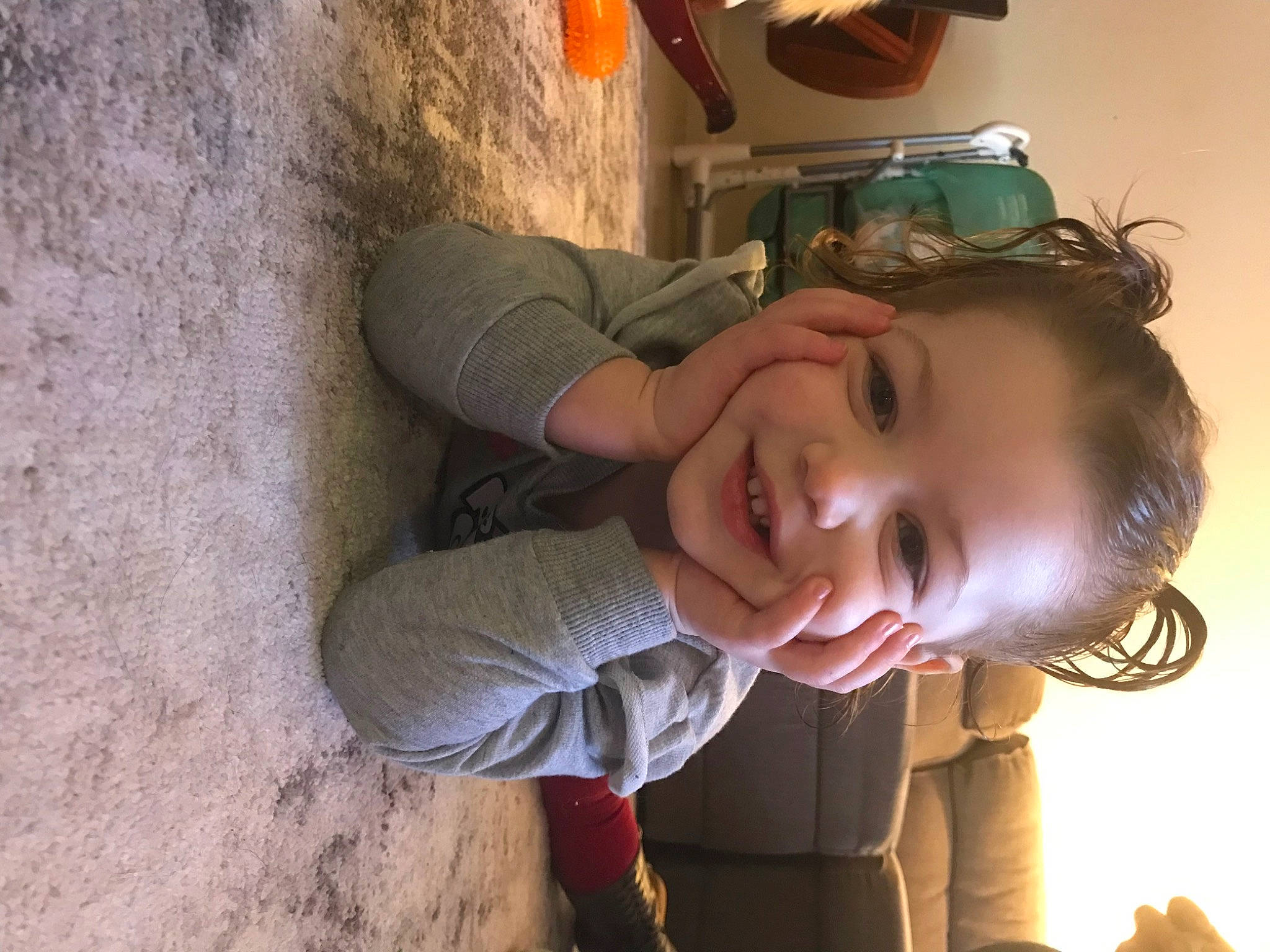 Isabella is registered to the contest to win money with this photo: child, eyewear, fun, happy, joy, laugh, leisure, mechanical_fan, mouth, nose, person, portrait_photography, room, sitting, skin, smile, soil, suit, toddler, tree