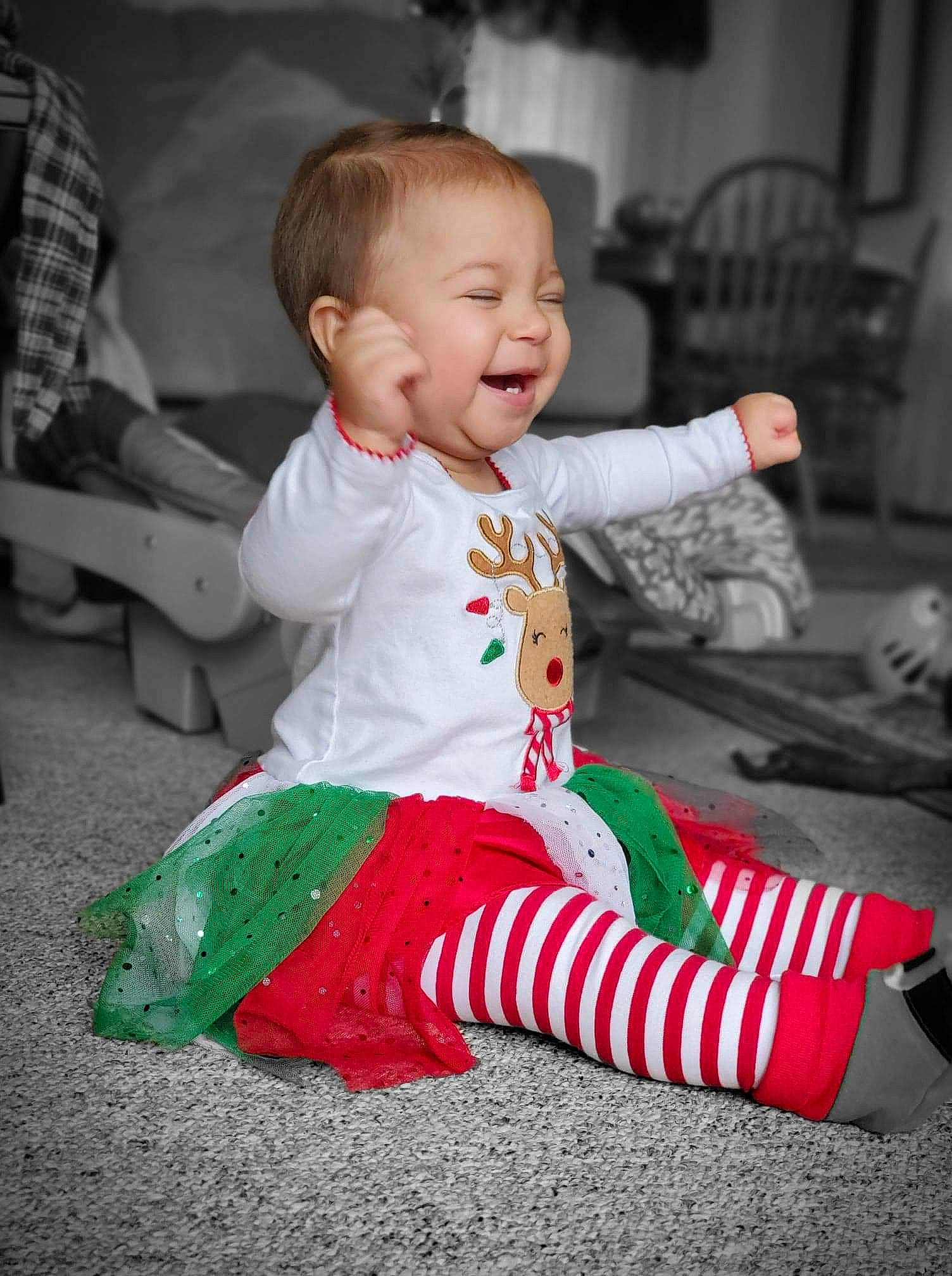 Paisley joined the competition — help win amazing prizes! baby, baby_toddler_clothing, child, christmas, christmas_eve, green, holiday, person, play, sitting, toddler