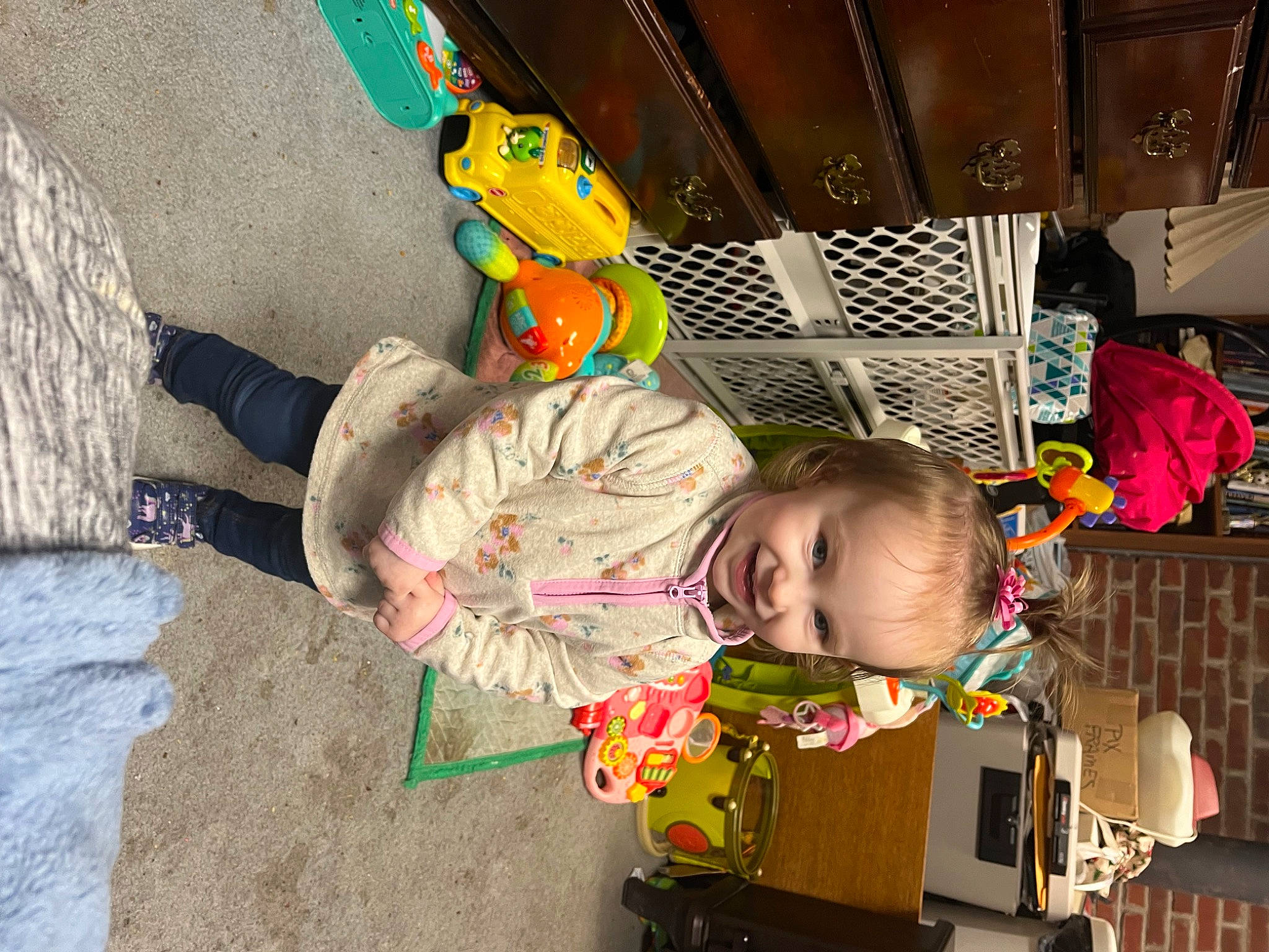 Kinsley joined the competition — help win amazing prizes! baby, baby_products, baby_toddler_clothing, baby_toys, child, foot, fun, happy, joy, leaf, leisure, orange, person, play, public_space, room, sitting, snapshot, toddler, toy