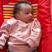 Lymanie participe au concours pour gagner de l'argent avec cette photo : baby, infant, child, pink_sweater, blue_pants, curly_hair, baby_seat, striped_pattern, bear_design, red, yellow, indoor, portrait, clothing, cute, lying_down, young_child, face, looking_sideways, soft_fabric