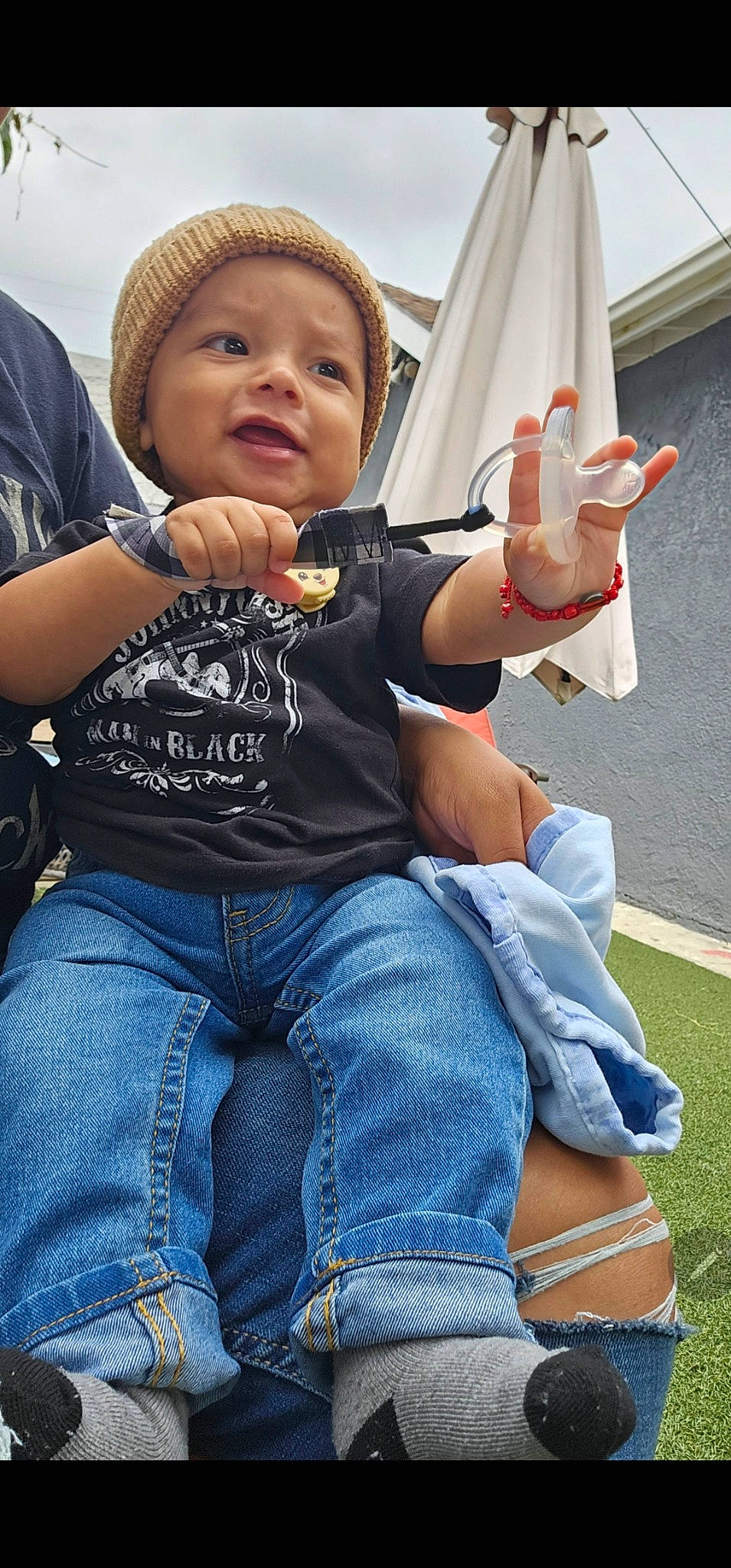 Aiden joined the competition — help win amazing prizes! baby, baby_toddler_clothing, child, clothing, cool, denim, finger, fun, gesture, grass, hand, happy, hat, jeans, leg, leisure, people, person, smile, thigh