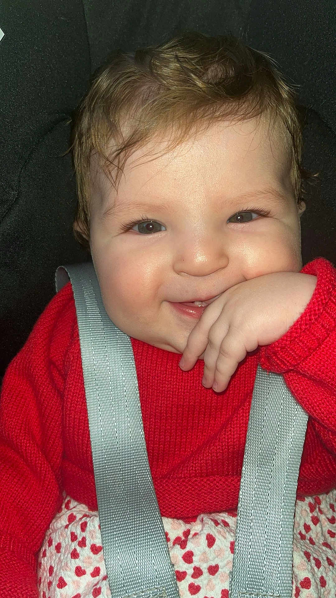 Lehna Jasmine a rejoint le concours — aidez-le/la à gagner de superbes lots ! baby, child, smile, red_sweater, car_seat, harness, hand, face, cheeks, cute, infant, happy, person, clothing, seatbelt, closeup, indoor, portrait, skin, hair