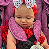 Hazley joined the competition — help win amazing prizes! baby, baby_bottle, bottle, bow, child, child_safety, cute, feeding, hand, headband, infant, milk, outdoor, polka_dot, portrait, purple_stroller, red_clothing, seatbelt, stroller, toddler