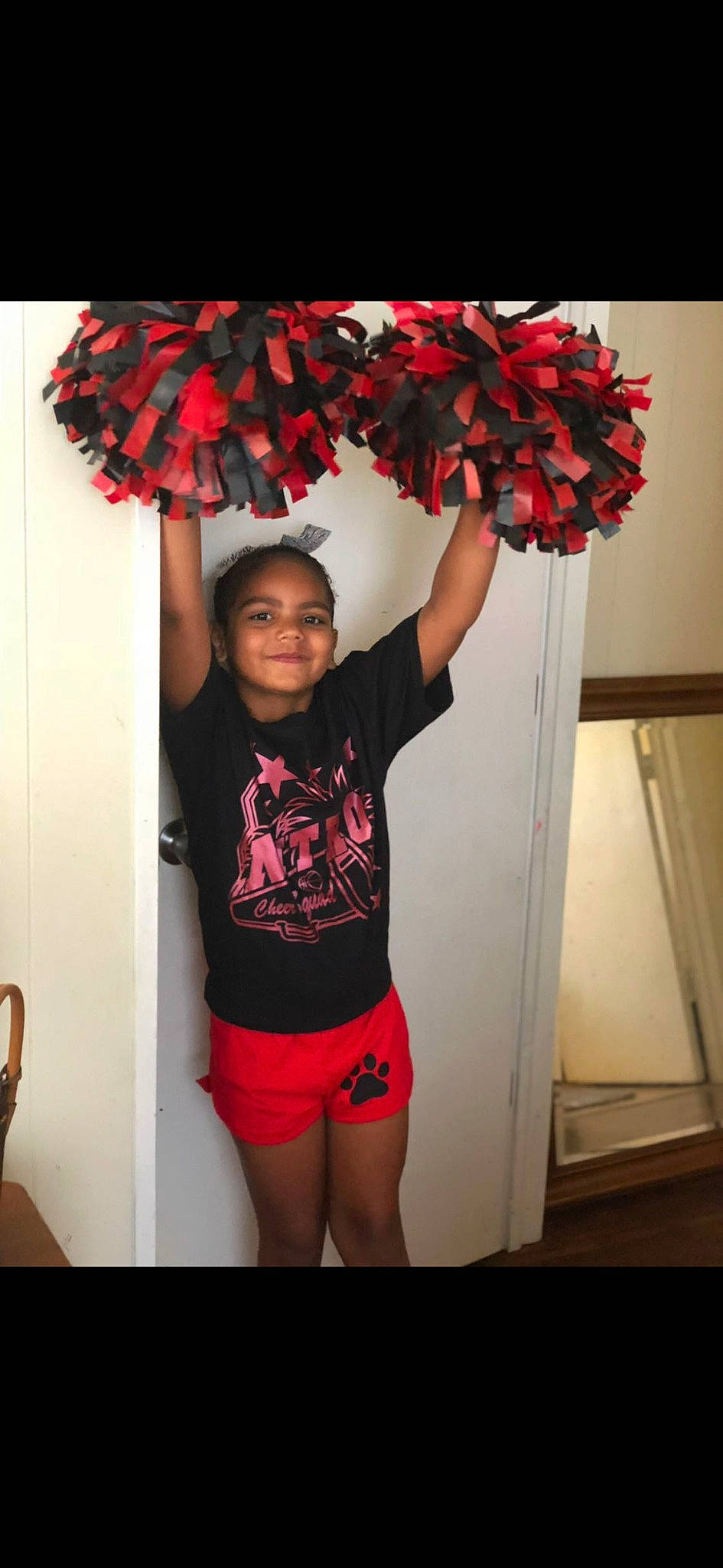 Kinley joined the competition — help win amazing prizes! abdomen, afro, cheerleading, clothing, costume, headgear, joint, joy, leg, magenta, outerwear, person, pink, plant, pom_pom, red, shorts, shoulder, sportswear, t_shirt
