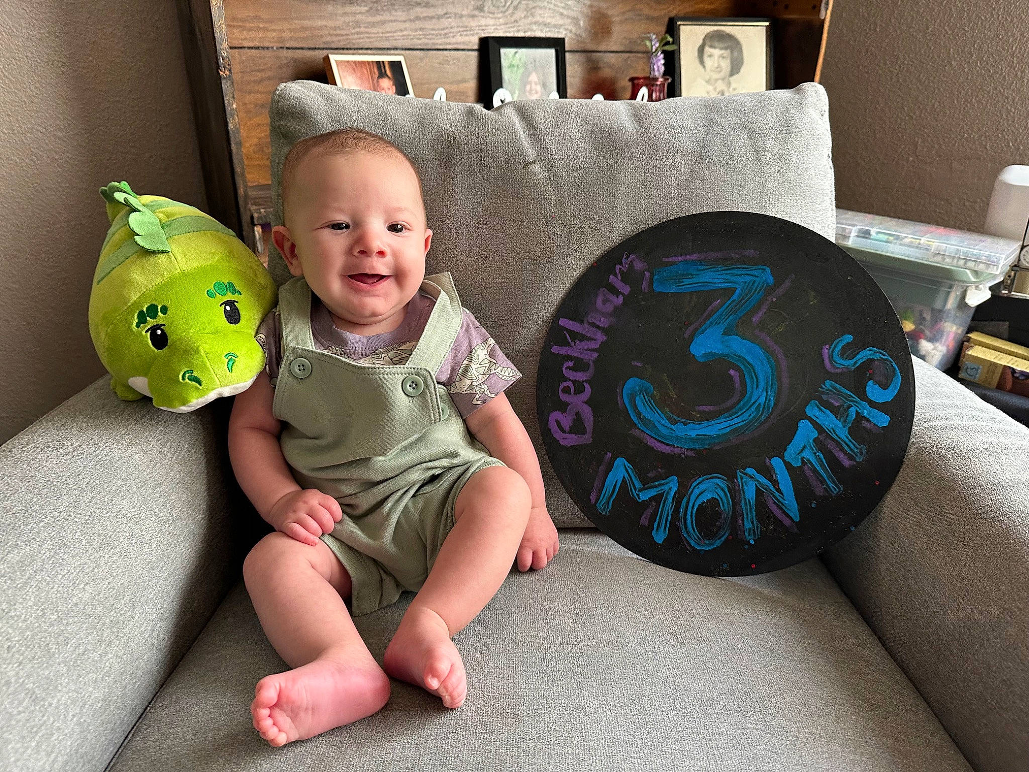 Beckham joined the competition — help win amazing prizes! baby, baby_toddler_clothing, child, comfort, couch, eye, flooring, foot, fun, happy, linens, person, pillow, room, sitting, smile, studio_couch, t_shirt, table, toddler