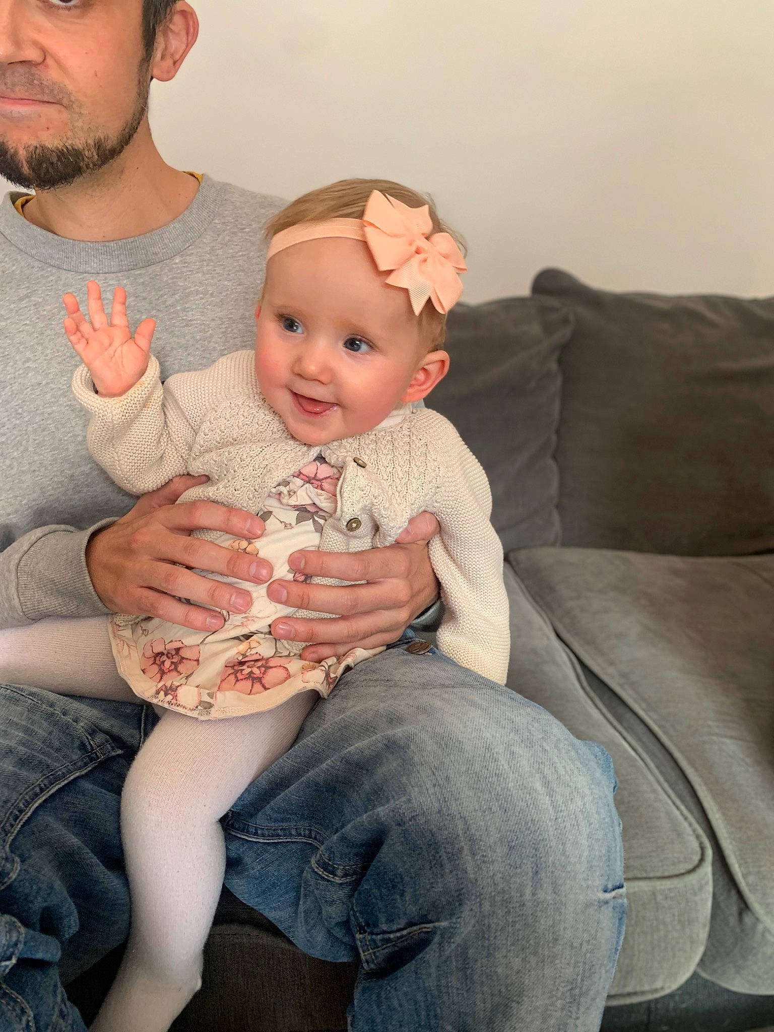 Maddie joined the competition — help win amazing prizes! abdomen, baby, baby_toddler_clothing, cheek, clothing, comfort, couch, finger, fun, happy, headwear, iris, joy, lap, leg, person, shoulder, skin, standing, stomach