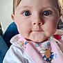 baby, infant, face, close_up, bib, pacifier_clip, drool, cute, child, blue_eyes, clothing, pink, white, indoor, person, portrait, young_child, expression, head, skin
