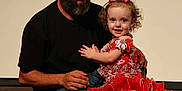 Madilynn joined the competition — help win amazing prizes! child, toddler, man, beard, cap, glasses, red_dress, bow, stage, smile, curly_hair, black_shirt, jeans, black_shoes, white_socks, dance, performance, affection, family, indoor