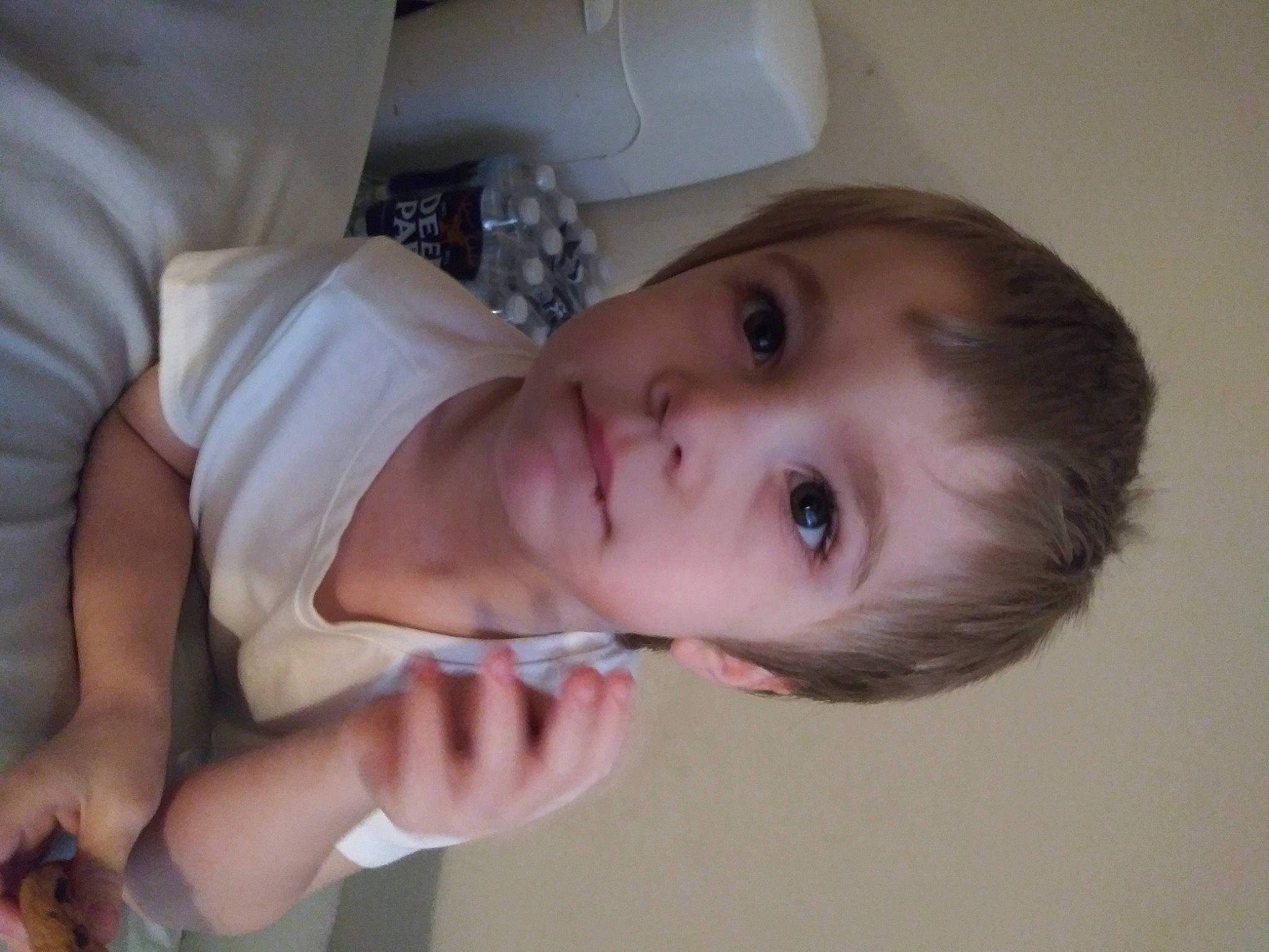 Daniel is registered to the contest to win money with this photo: arm, baby, baby_toddler_clothing, cheek, chest, dress, elbow, eyebrow, eyelash, finger, gesture, hand, happy, human_body, iris, lip, nose, person, skin, toddler