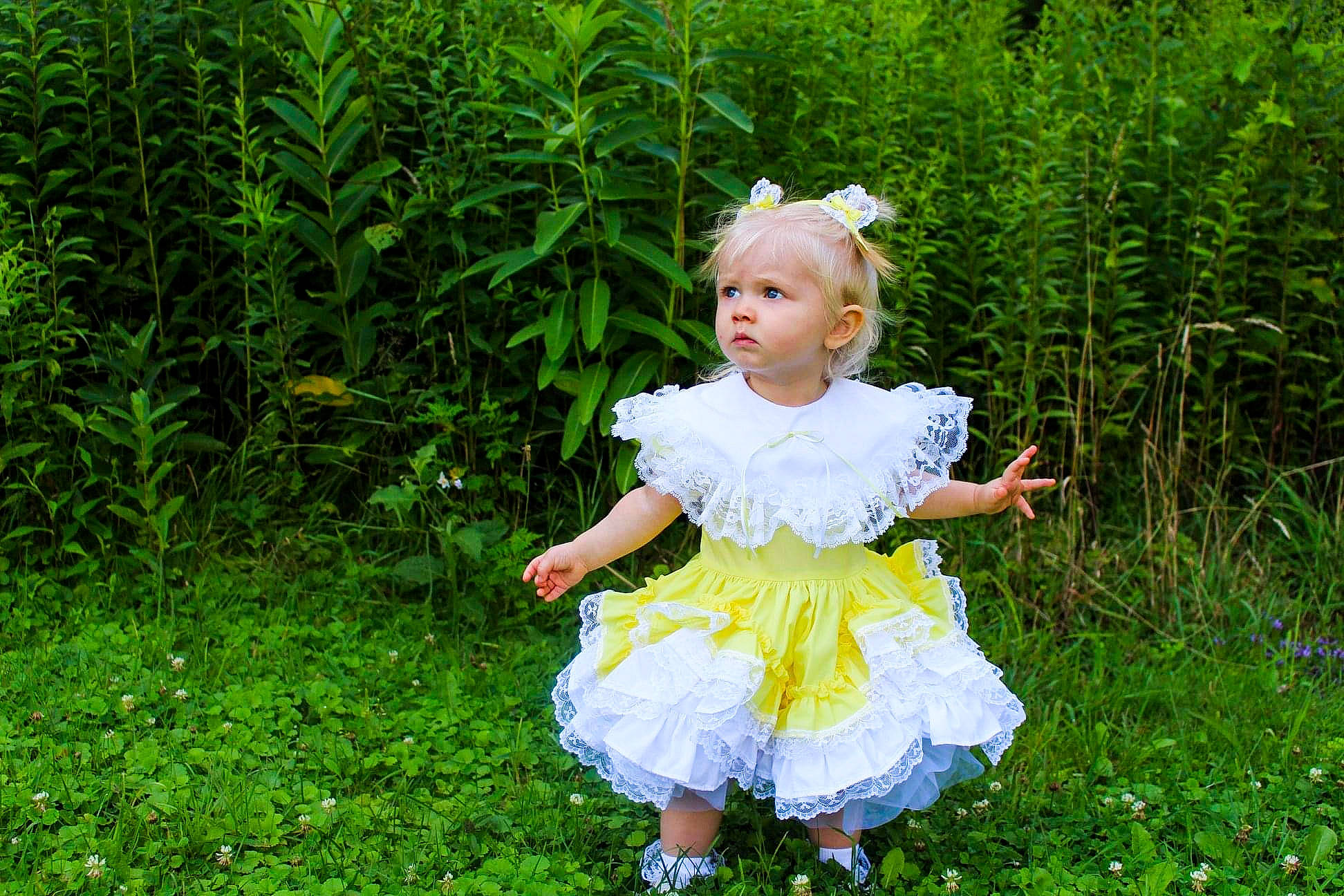 Adaline joined the competition — help win amazing prizes! baby, botany, child, dress, flower, fun, grass, green, happy, meadow, people_in_nature, person, photograph, photography, plant, smile, spring, summer, toddler, tree