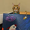 Leonardo joined the competition — help win amazing prizes! cat, orange_tabby, curious, painting, rocket, space, colorful, wall, collar, ears, eyes, whiskers, indoor, art, canvas, background, animal, pet, portrait, expression