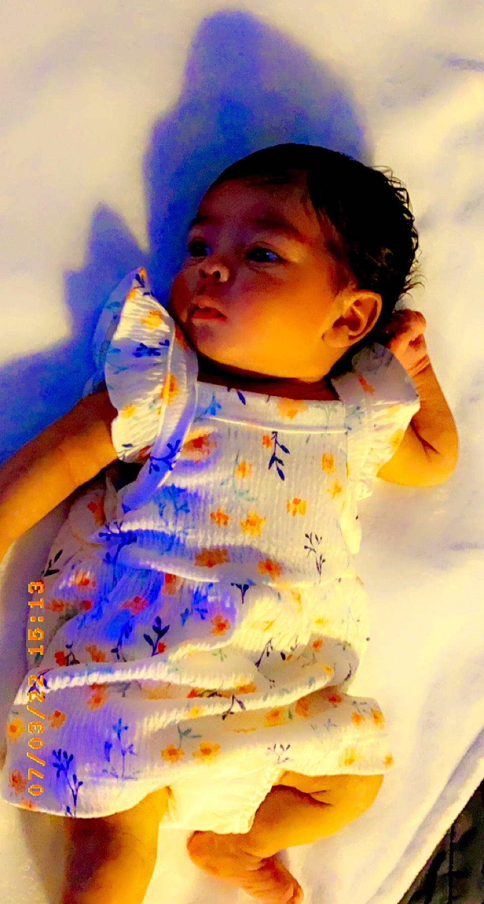 Sariyah is registered to the contest to win money with this photo: azure, baby, baby_toddler_clothing, cheek, child, dress, finger, flash_photography, fun, gesture, happy, lip, nose, orange, person, pink, purple, skin, sleeve, textile