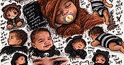 Elias is registered to the contest to win money with this photo: baby, infant, child, illustration, collage, cartoon, sleeping, crying, smiling, pacifier, bear_costume, baby_clothing, portrait, close_up, hand_drawn, doodles, hearts, stars, black_and_white_clothing, adorable