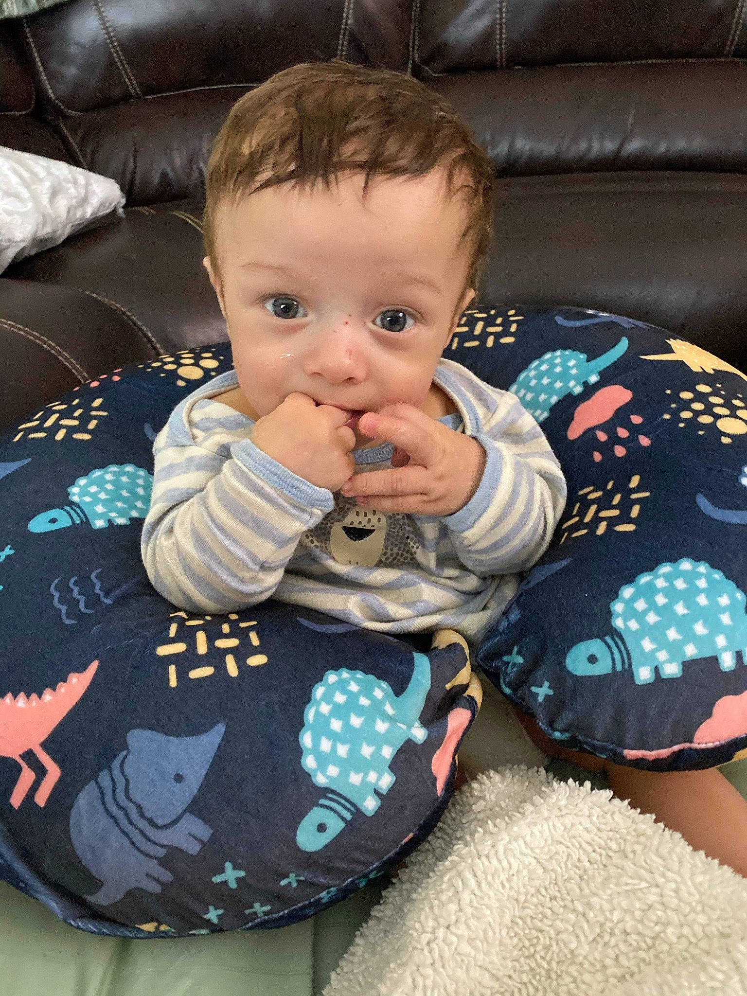Izayah joined the competition — help win amazing prizes! baby, baby_carriage, baby_products, baby_safety, baby_toddler_clothing, bib, cheek, child, comfort, couch, hand, iris, lap, linens, pattern, person, product, sitting, sleeve, sock