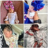 newborn, baby, infant, sleeping, head_wrap, outfit, pajamas, arm, hand, person, cute, resting, indoor, blanket, fabric, watch, tattoo, car_seat, diaper, peaceful