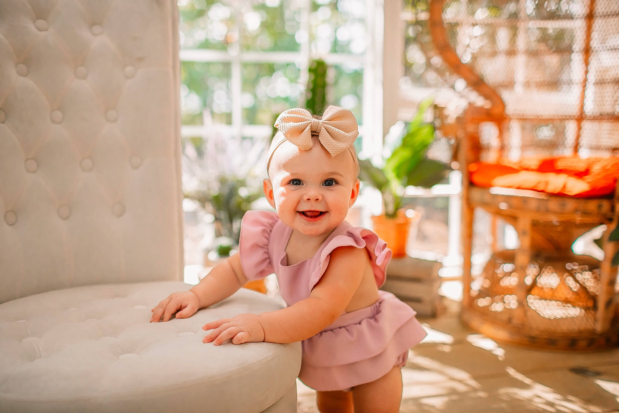 Macie joined the competition — help win amazing prizes! baby, baby_toddler_clothing, beauty, child, comfort, flash_photography, flooring, fun, grass, happy, headwear, joy, leisure, orange, peach, person, plant, room, sitting, smile