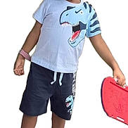 Eliab joined the competition — help win amazing prizes! child, boy, dinosaur, tshirt, shorts, sneakers, toy, red, smile, standing, casual, playful, white_background, fashion, footwear, happy, accessory, short_hair, clothing, portrait