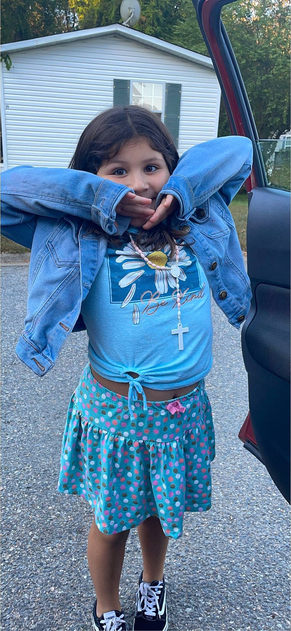 Ava joined the competition — help win amazing prizes! automotive_exterior, azure, child, cool, denim, electric_blue, eye, family_car, fashion_accessory, fun, happy, jewellery, magenta, pattern, person, sleeve, t_shirt, toddler, tradition, vehicle_door