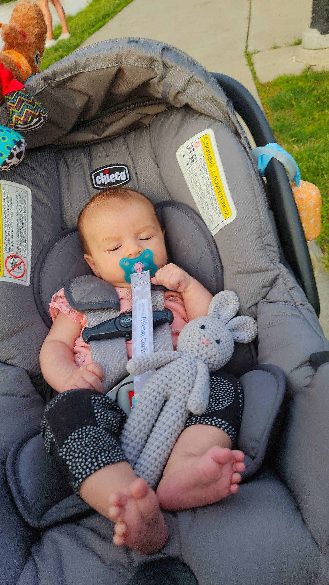 Allison joined the competition — help win amazing prizes! baby, baby_carriage, baby_in_car_seat, baby_products, baby_safety, baby_sleeping, baby_toddler_clothing, bag, baggage, car_seat, child, comfort, grass, green, lap, luggage_and_bags, person, sitting, thumb, toddler