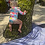 barefoot, beach, blanket, casual_clothing, child, climbing, daylight, exploration, moss, nature, outdoor, play, sand, summer, sunlight, swimsuit, toddler, tree, vacation, young_child