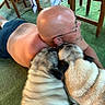 Theo Von joined the competition — help win amazing prizes! man, shirtless, bald_head, glasses, pug, dog, pet, licking, green_carpet, wooden_chair, towel, indoor, affection, animal, canine, companion, floor, close_up, two_dogs, interaction