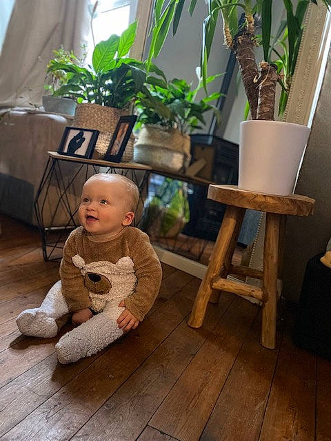 Ezio participe au concours pour gagner de l'argent avec cette photo : baby, baby_toddler_clothing, comfort, deck, fawn, flooring, flowerpot, grass, happy, hardwood, home, houseplant, person, plant, sitting, smile, terrestrial_plant, toddler, wood, wood_flooring