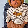 Tayvion Davis is registered to the contest to win money with this photo: baby, infant, child, portrait, sitting, hat, knit_hat, striped_clothing, sweater, pants, socks, shoes, cartoon_dog, dachshund, adult_lap, indoor, tiled_floor, wide_eyed, cute, photography