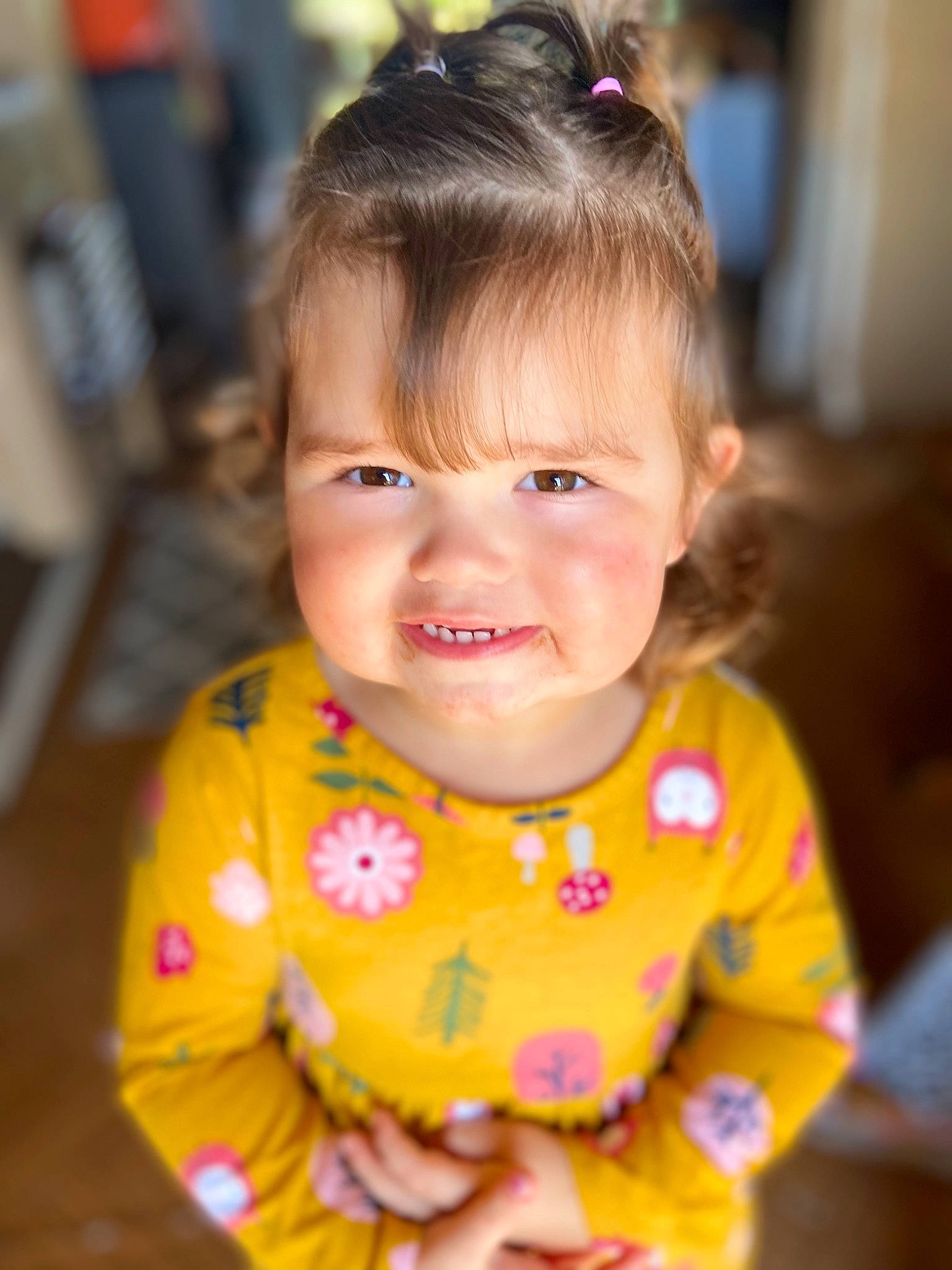 Brielle is registered to the contest to win money with this photo: baby, baby_toddler_clothing, brown_hair, cheek, child, dress, eyelash, fun, hair, happy, head, iris, neck, pattern, person, photograph, skin, sleeve, smile, snapshot