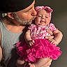 Charlotte is registered to the contest to win money with this photo: baby, man, child, infant, portrait, smile, love, affection, family, holding, clothing, headband, pink, beard, cap, tank_top, indoor, skin, cute, tutu