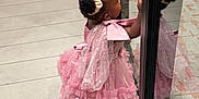 Alia joined the competition — help win amazing prizes! child, girl, pink_dress, hair_scrunchies, reflection, glass_door, tile_floor, curious, side_view, indoor, fashion, cute, little_girl, puffed_sleeves, ruffles, standing, hands_on_glass, black_hair, adorable, young_child