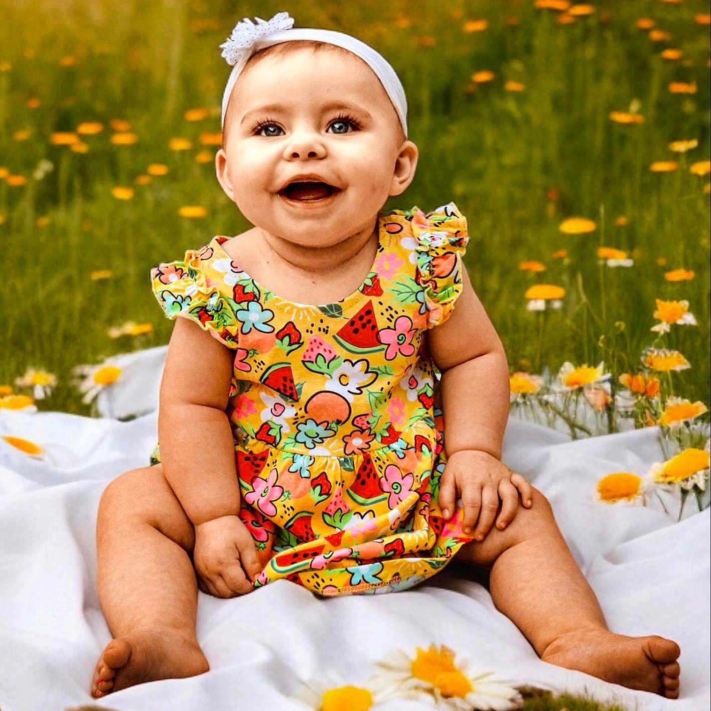 Olivia joined the competition — help win amazing prizes! baby, babylaughing, clothing, daisy, dress, face, flower, grass, happy, head, herbal, herbs, person, petal, photography, plant, portrait, sitting, smile, summer