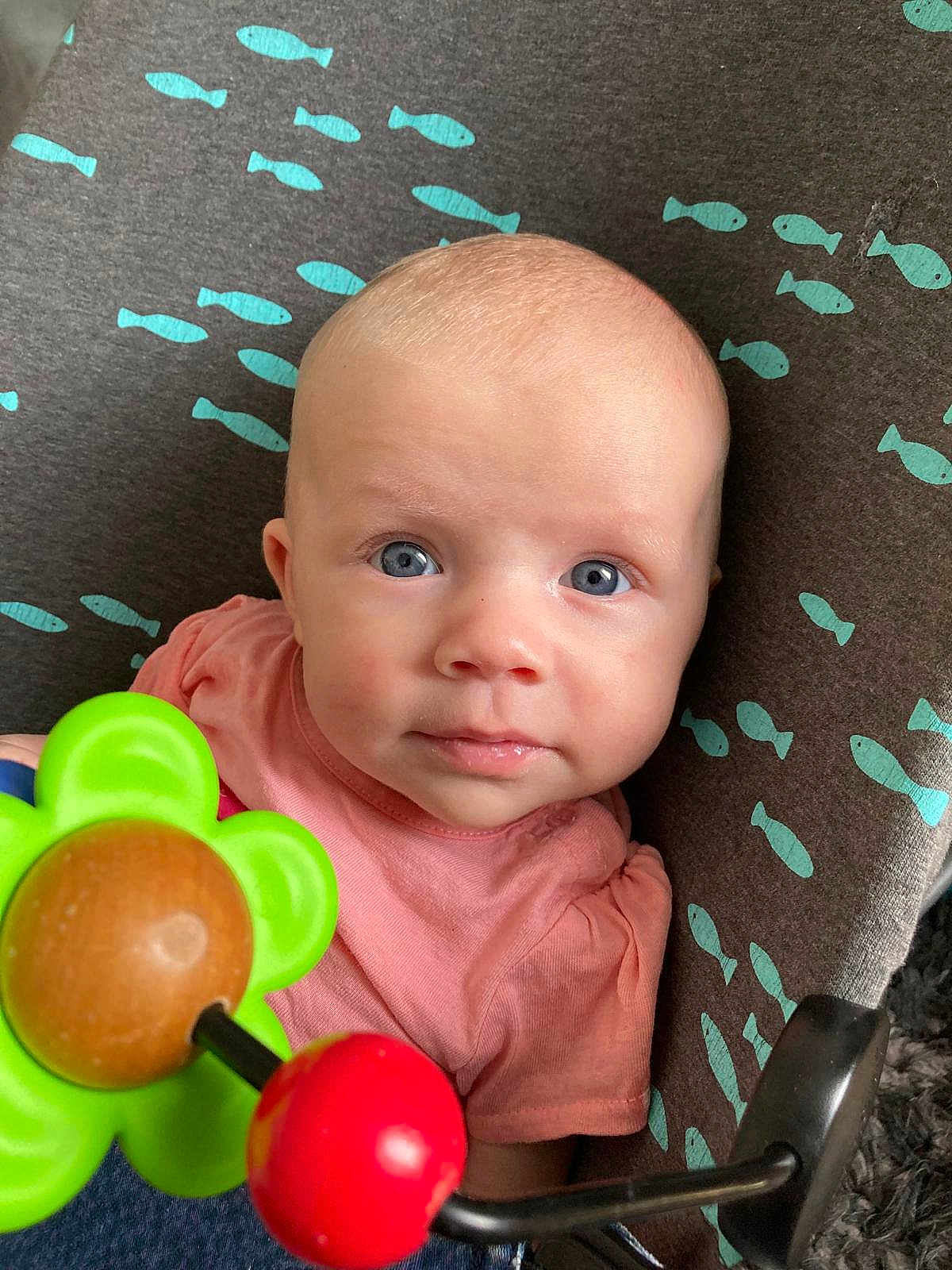 Janelle participe au concours pour gagner de l'argent avec cette photo : baby, infant, blue_eyes, pink_shirt, toy, flower_toy, curious, child, face, closeup, cushion, pattern, fish_pattern, indoor, person, young_child, looking_at_camera, colorful, cute, portrait