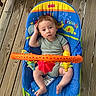 baby, infant, child, fisher_price, baby_seat, toy, colorful, wooden_floor, curious, sitting, hand_on_head, green_clothing, footwear, striped_sock, bright, indoors, face, looking_up, playtime, portrait