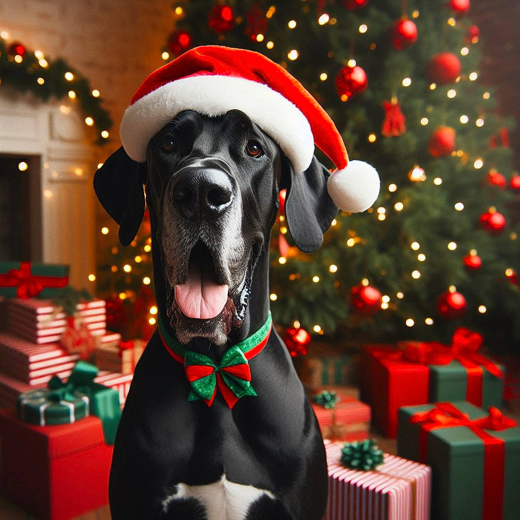 Olive joined the competition — help win amazing prizes! carmine, carnivore, christmas, christmas_tree, collar, companion_dog, dog, dog_breed, dog_collar, dog_supply, event, fawn, fun, great_dane, holiday, party_supply, personal_protective_equipment, snout, sporting_group, working_animal