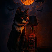 Hades participe au concours pour gagner de l'argent avec cette photo : animal, bats, bell, black_cat, cat, collar, dark, full_moon, halloween, jack_daniels, lamp, night, orange_glow, pet, portrait, sitting, spooky, table, whiskey_bottle, white_paws