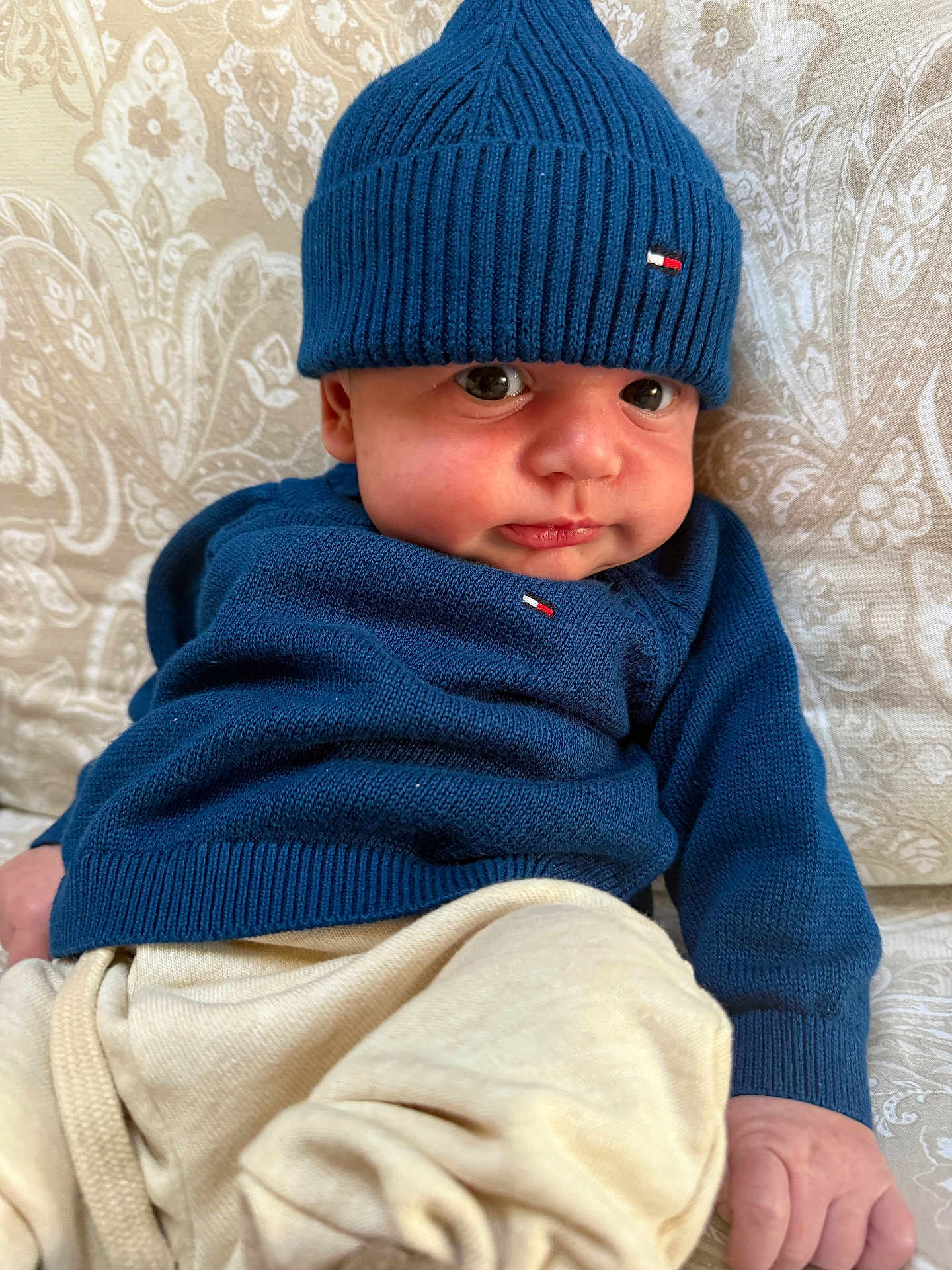 Ezïo participe au concours pour gagner de l'argent avec cette photo : baby, child, blue_hat, blue_sweater, beige_pants, knitwear, infant, cozy, portrait, indoor, patterned_background, cute, face, hand, sitting, young_child, expression, closeup, soft_lighting, person