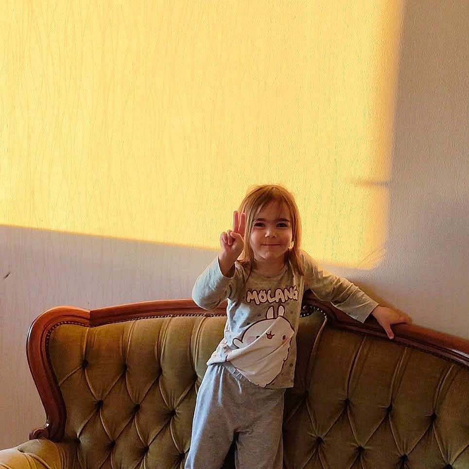 Vartic participe au concours pour gagner de l'argent avec cette photo : book, casual_clothing, child, cozy, cushion, girl, happy, home, indoor, jacket, long_hair, peace_sign, person, playful, smile, sofa, sunlight, tufted_sofa, vintage_furniture, wall
