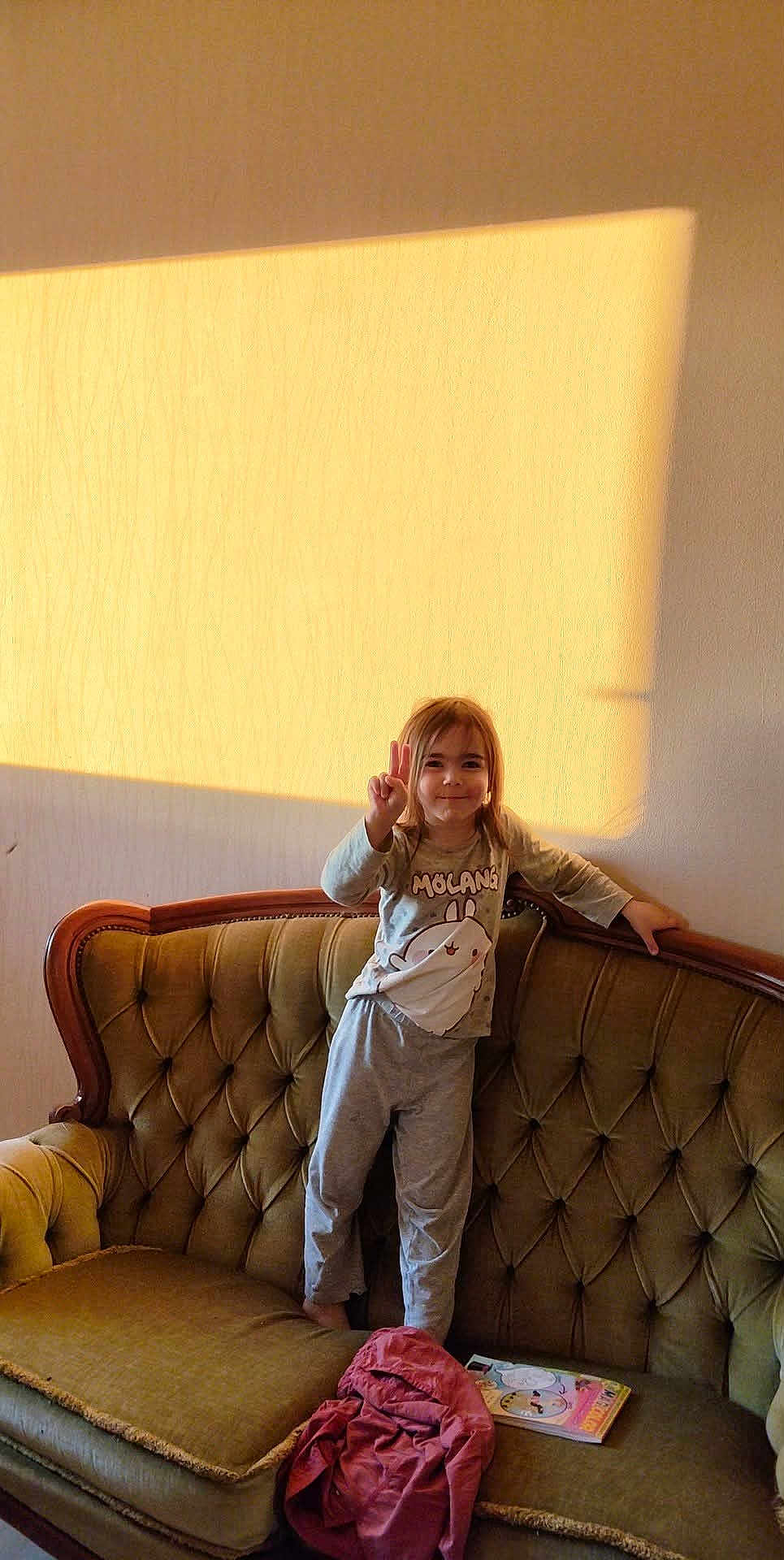 Vartic participe au concours pour gagner de l'argent avec cette photo : book, casual_clothing, child, cozy, cushion, girl, happy, home, indoor, jacket, long_hair, peace_sign, person, playful, smile, sofa, sunlight, tufted_sofa, vintage_furniture, wall
