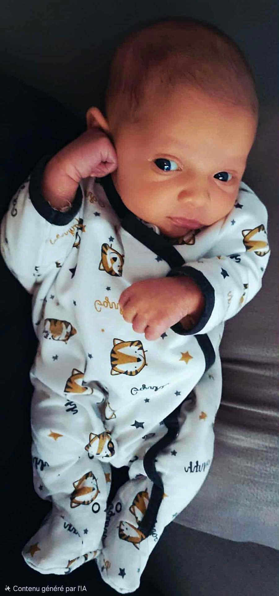 Léandro a rejoint le concours — aidez-le/la à gagner de superbes lots ! baby, infant, onesie, tiger_pattern, clothing, cute, lying_down, hand, face, expression, sleepwear, footed_pajamas, child, newborn, portrait, soft_surface, indoors, comfortable, curious, small