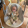 Marilyn joined the competition — help win amazing prizes! baby, infant, baby_swing, pacifier, onesie, plush_toy, wooden_floor, cushion, indoor, child, clothing, seat, baby_accessory, cute, comfort, person, flooring, toy, relaxation, home