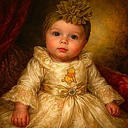 Marilyn is registered to the contest to win money with this photo: baby, child, portrait, dress, headband, flower, golden, lace, bow, curious, wide_eyes, vintage_style, elegant, indoor, seated, classic, warm_lighting, textured_background, hands, face