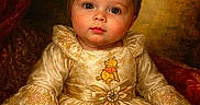 Marilyn is registered to the contest to win money with this photo: baby, bow, child, classic, curious, dress, elegant, face, flower, golden, hands, headband, indoor, lace, portrait, seated, textured_background, vintage_style, warm_lighting, wide_eyes