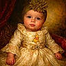 baby, child, portrait, dress, headband, flower, golden, lace, bow, curious, wide_eyes, vintage_style, elegant, indoor, seated, classic, warm_lighting, textured_background, hands, face