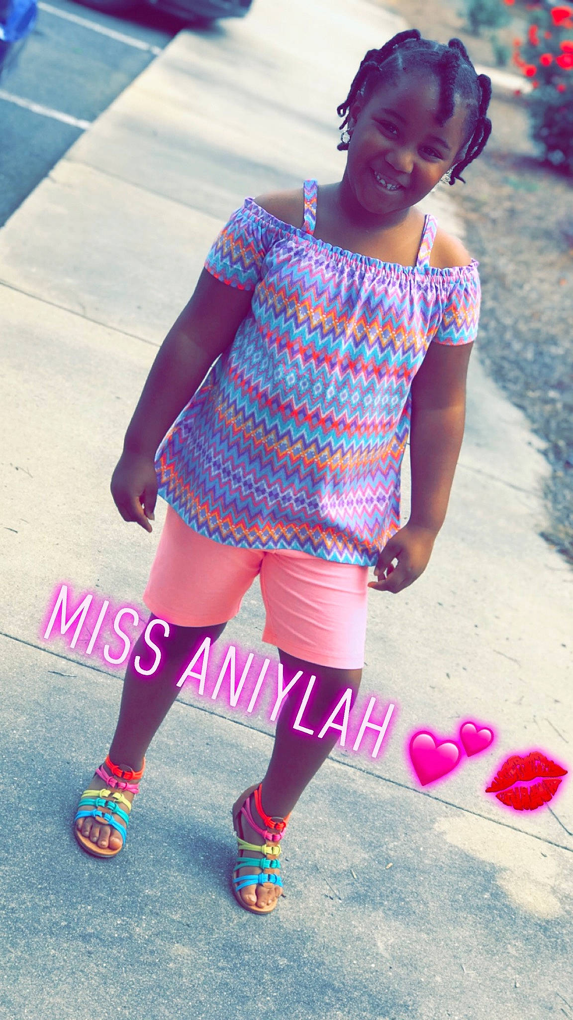 Aniylah is registered to the contest to win money with this photo: child, cool, fashion, fashion_accessory, footwear, joint, joy, knee, leg, magenta, pattern, person, photography, pink, purple, roller_skates, shoe, smile, t_shirt, textile