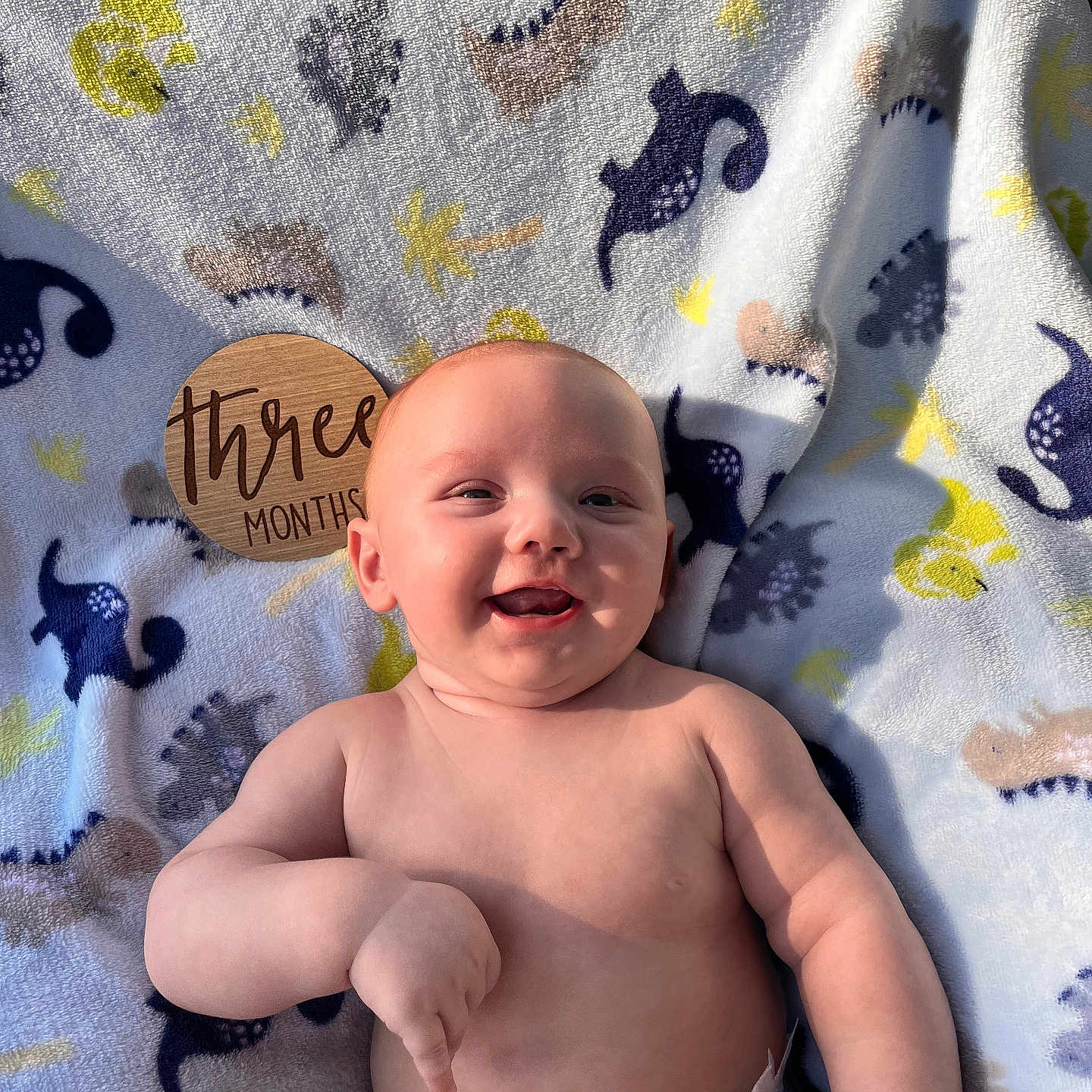 Michael joined the competition — help win amazing prizes! baby, blanket, child, chubby, colorful, cute, diaper, dinosaur_pattern, expression, happy, indoors, infant, laying_down, person, portrait, skin, smile, soft_texture, three_months, young