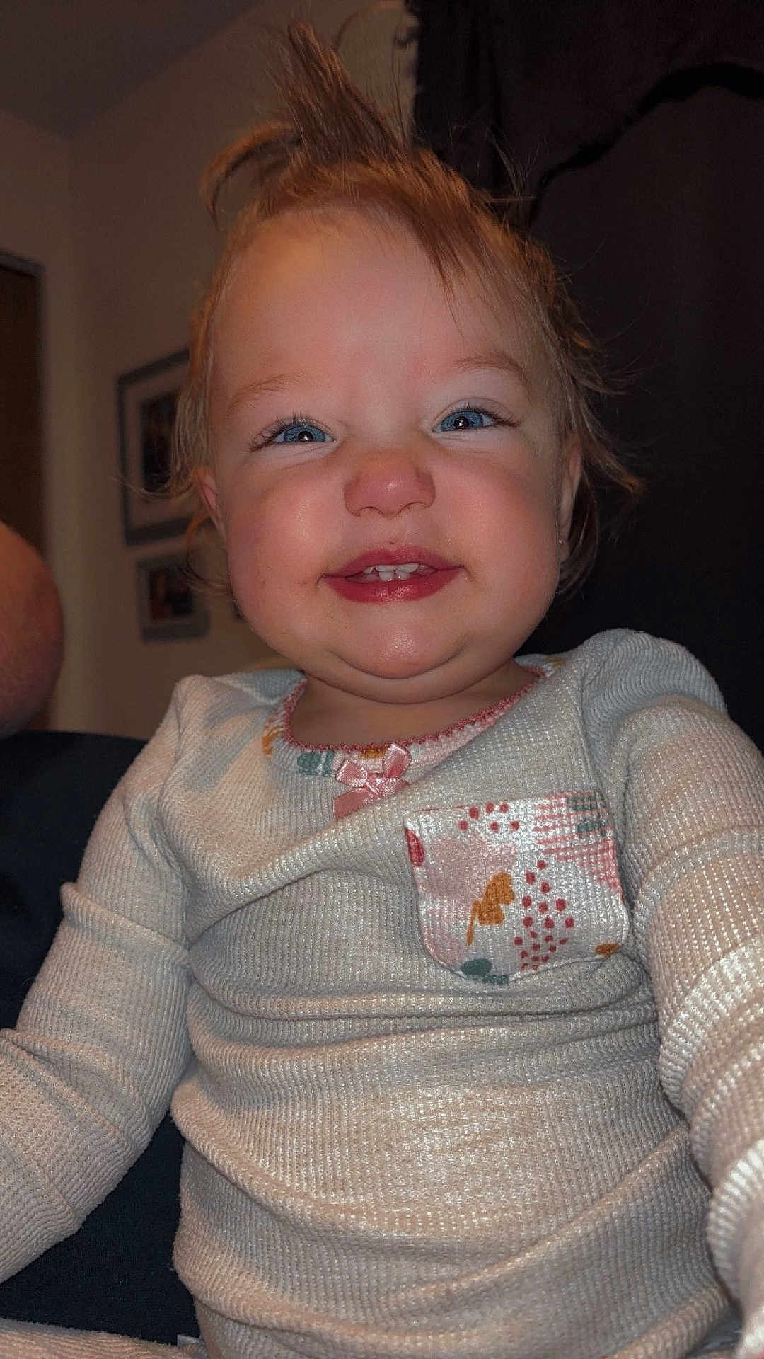 Oaklee joined the competition — help win amazing prizes! baby, bodypart, clothing, couch, face, furniture, happy, head, homedecor, indoors, knitwear, laughing, mouth, pants, person, photography, portrait, smile, sweater, teeth