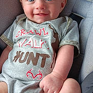 Braytyn joined the competition — help win amazing prizes! baby, smiling, blue_eyes, onesie, grey_clothing, infant, cushioned_seat, happy, child, cute, portrait, person, skin, hand, foot, indoor, closeup, baby_clothes, sitting, young_child